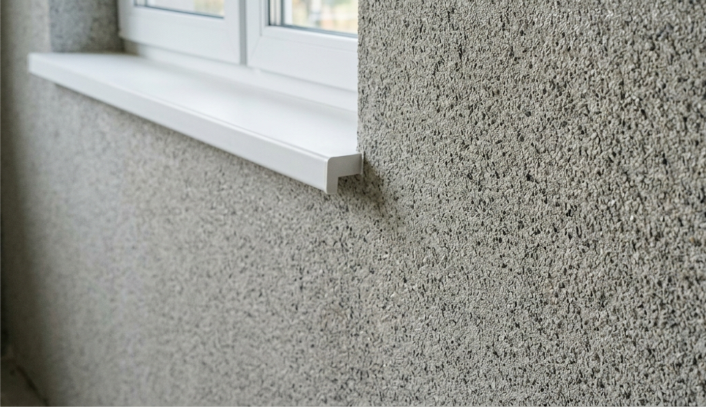 Tynk mozaikowy położony na ścianie przy oknie